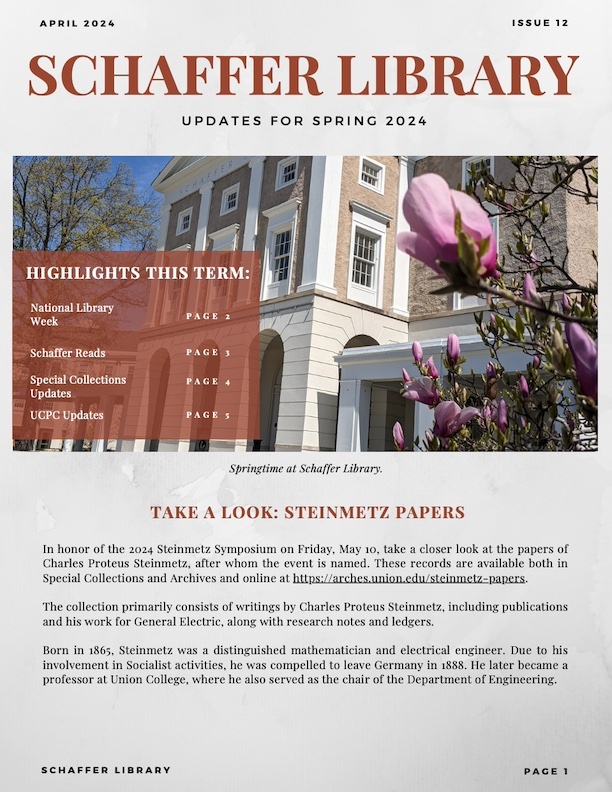 Schaffer Library Newsletter Spring 2024 Issue 12 cover page