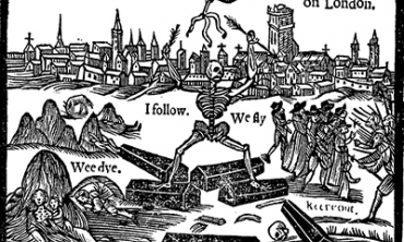 Woodcut from the title page of Thomas Dekker's 1625 A Rod for Runaways depicts the impact of the bubonic plague on London
