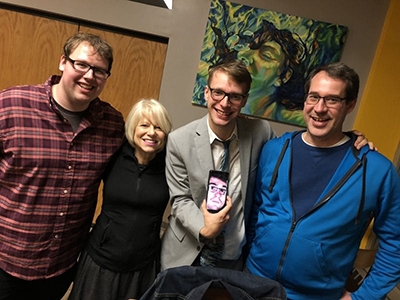Kevin Jordan, Film Studies Co-Director Michelle Chilcoat, Luke Dyer, AJ Hubbard (on phone) and Luke’s father Eric Dyer at the 15 Min Max Film Festival. Luke wore a suit.