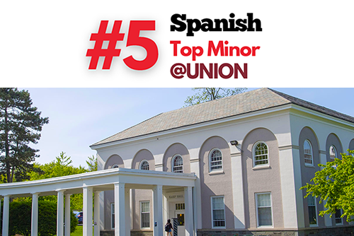 Text that reads: Spanish #5 Top minor at Union College. This text is positioned above an exterior view of Karp Hall