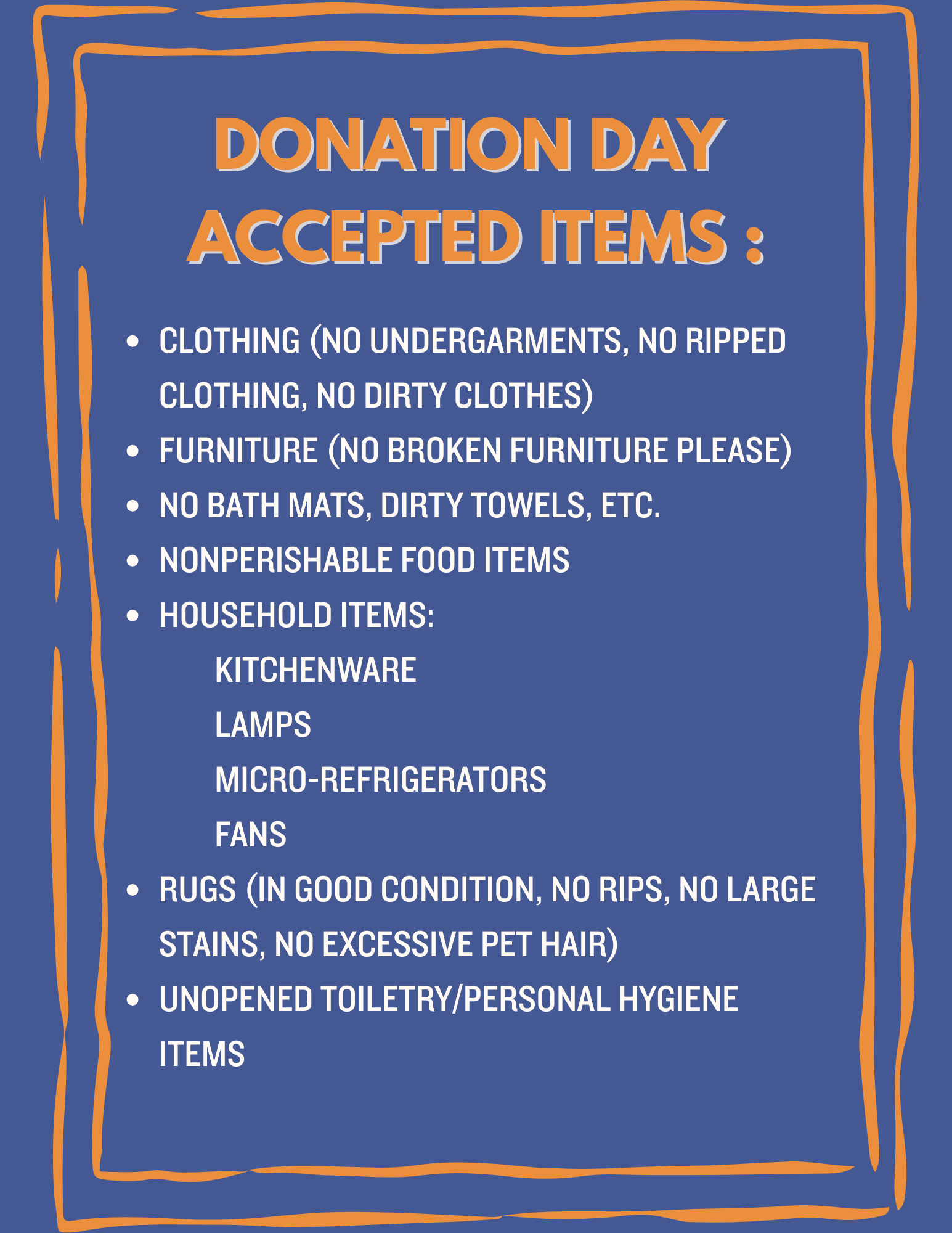 List of items accepted for Donation Day
