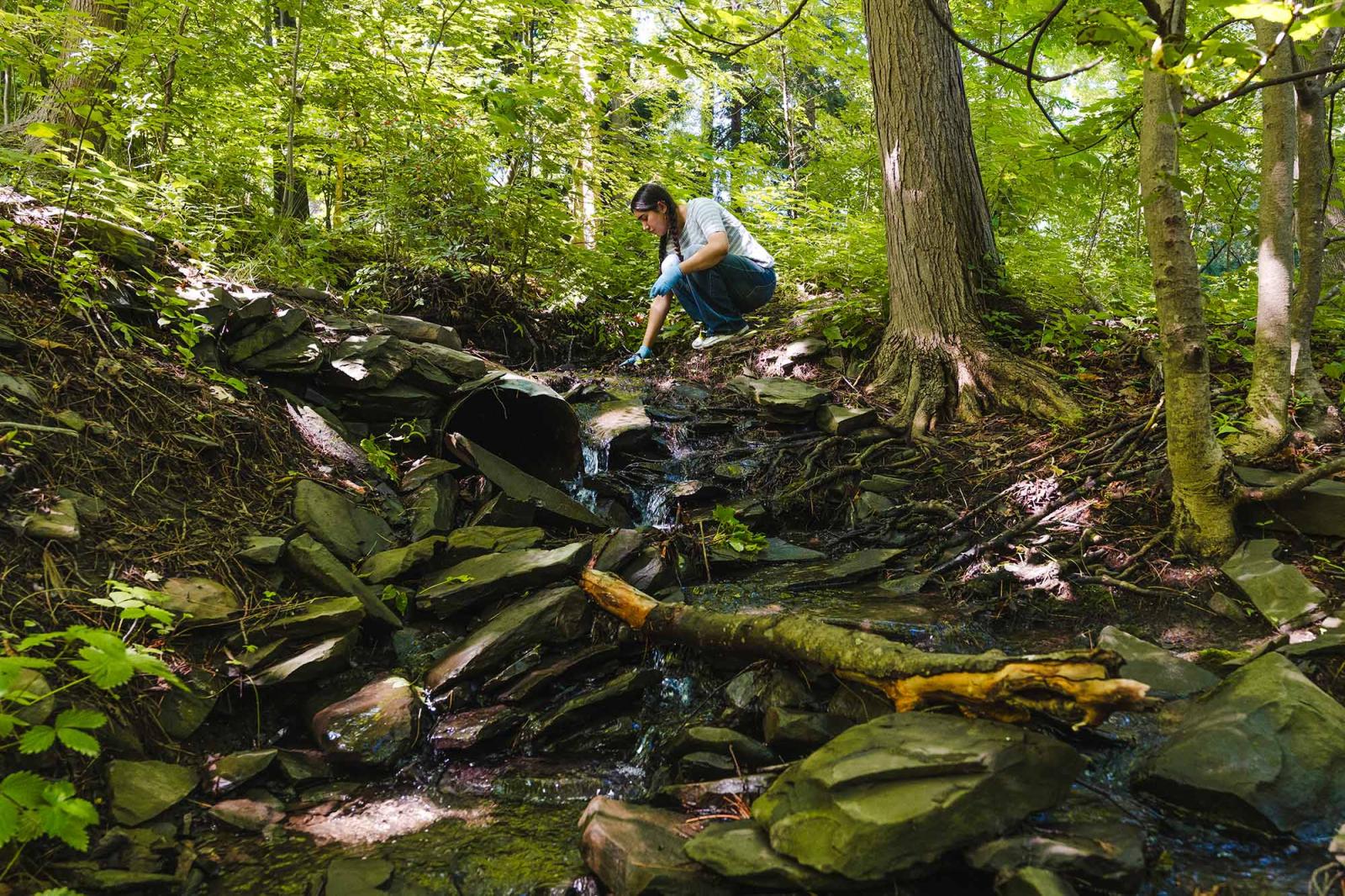 A woman squats in the woods at the edge of a stream collecting a water sample.