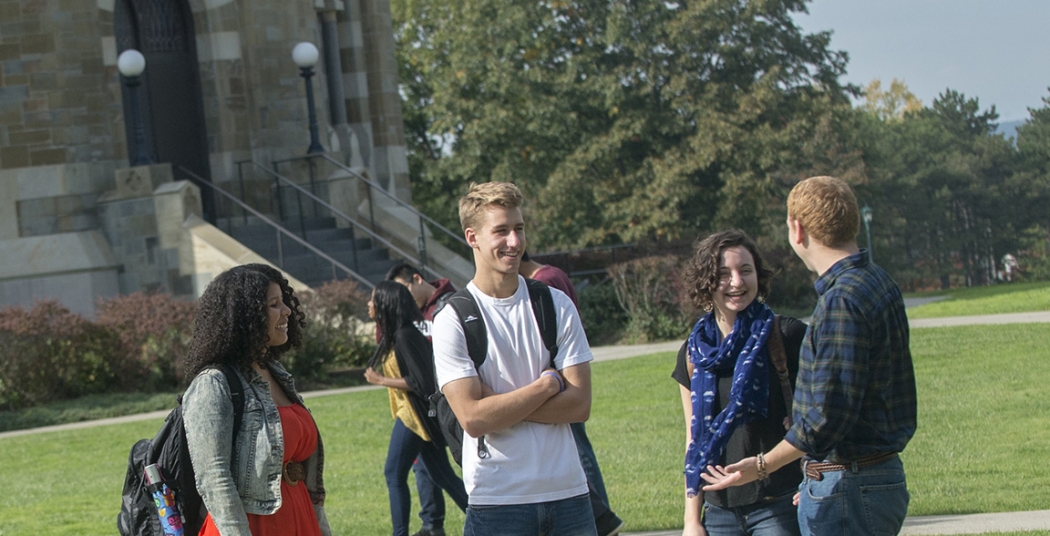 Students gather outside near the Nott Memorial