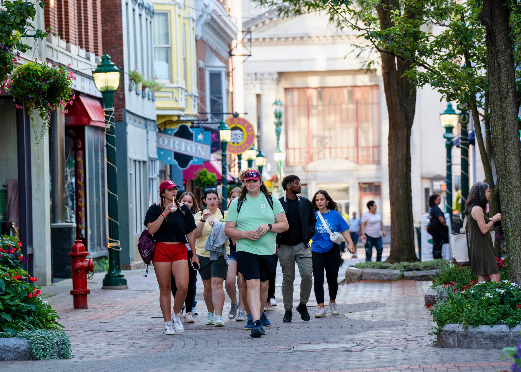 Students walking on Jay St. in downtown Schenectady.