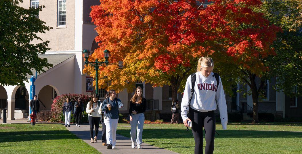 Union students walking to class in the fall. 