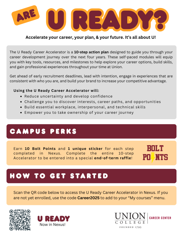 The U Ready Career Accelerator is a 10-step action plan designed to guide you through your career development journey over the next four years.