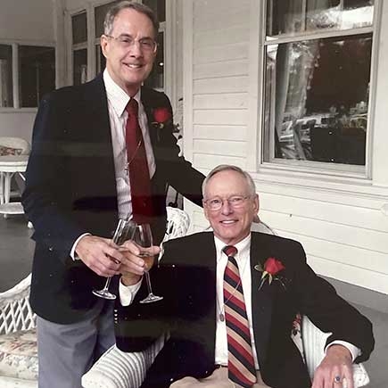 Robert Englebach (standing) and Donald Thurston (seated) on their wedding day, October 29, 2008, in Stockbridge, Mass.