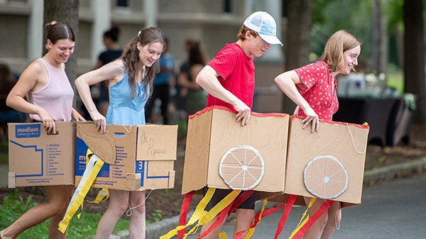 Union students with a cardboard train