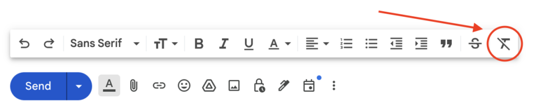The Gmail formatting toolbar with an arrow pointing towards the "clear formatting" button