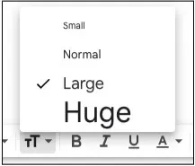 An image of the Gmail font size drop-down with Large selected.