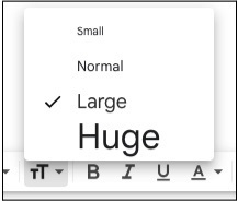 An image of the Gmail font size drop-down with Large selected.