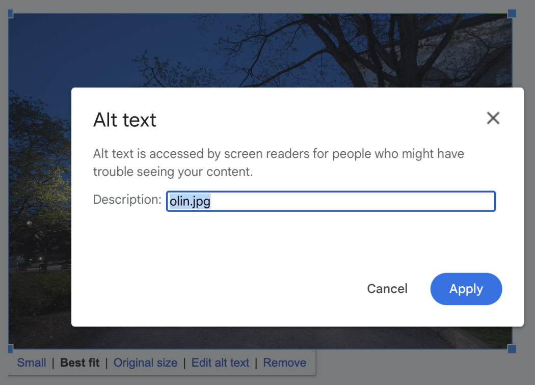 The alt text dialogue window in Gmail.