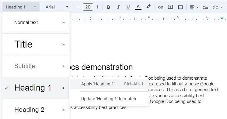 Google Docs headings menu with Heading 1 selected.