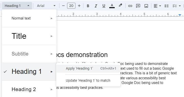 Google Docs headings menu with Heading 1 selected.
