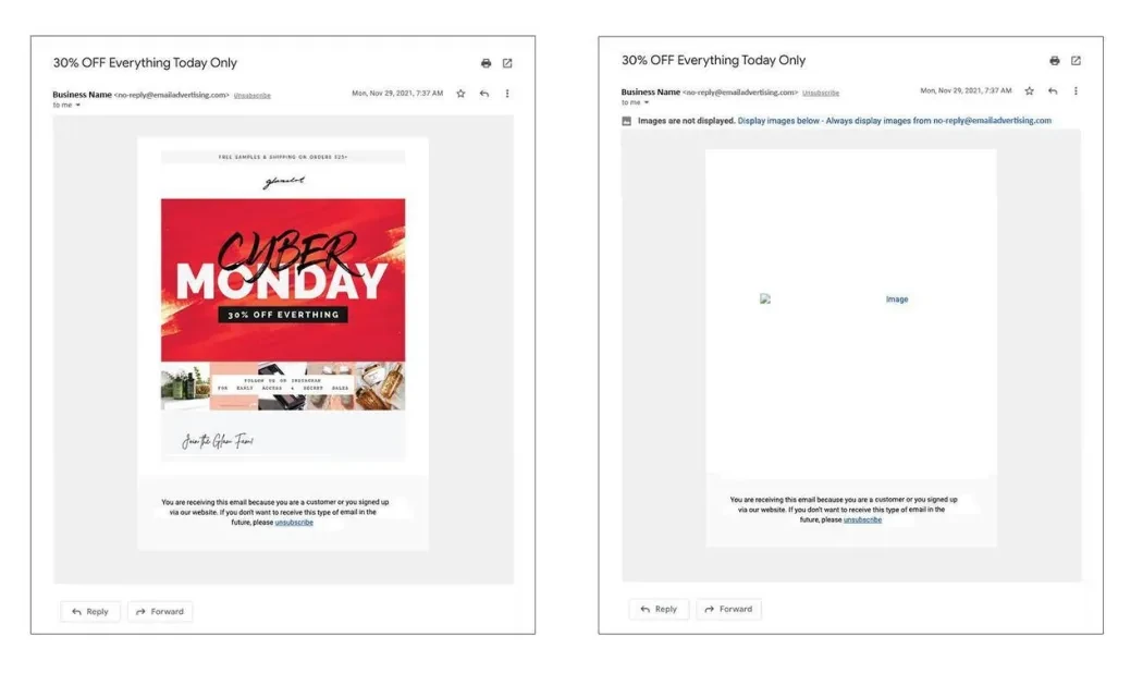 Comparison of emails with images turned on or turned off.
