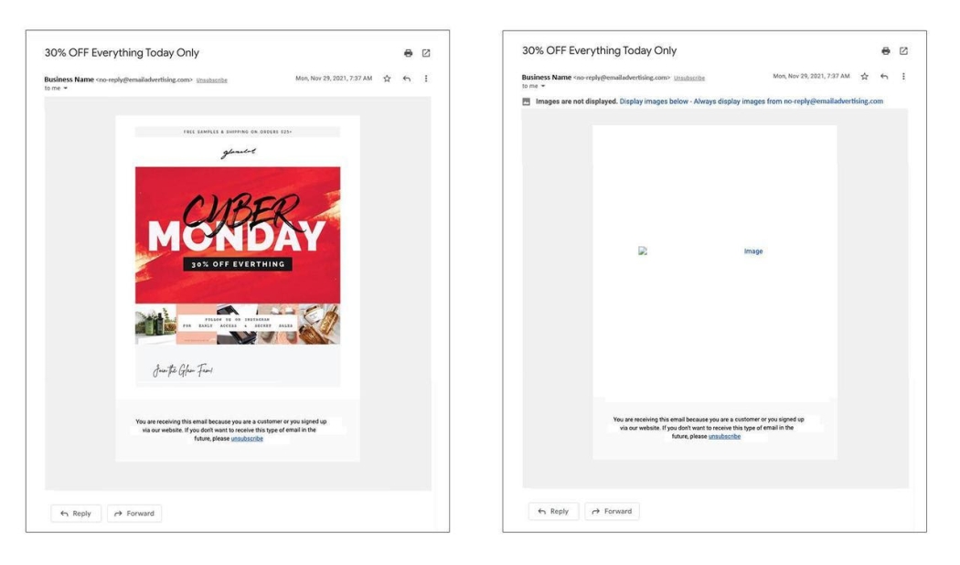 Comparison of emails with images turned on or turned off.