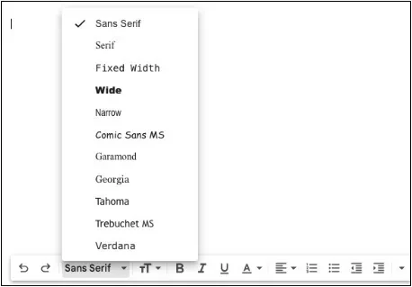 A screenshot of the Gmail font face drop-down menu with Sans-Serif selected