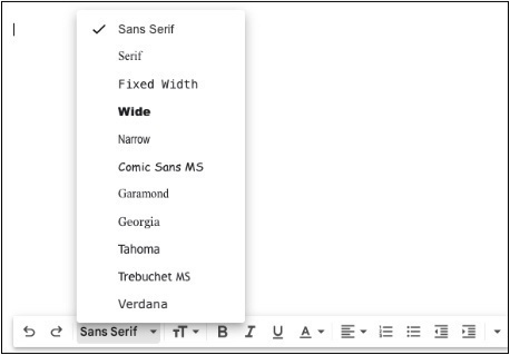 A screenshot of the Gmail font face drop-down menu with Sans-Serif selected
