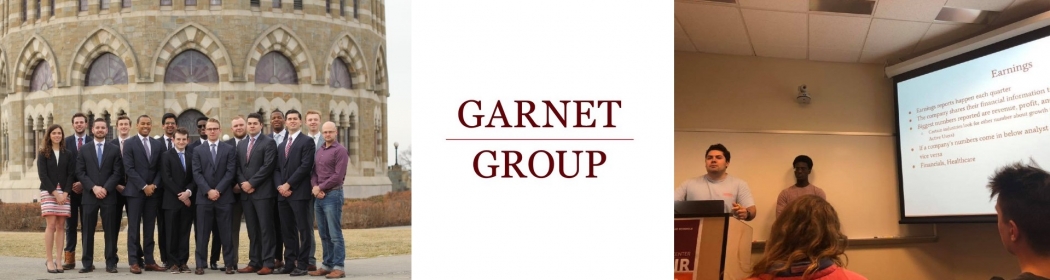 Garnet Group Photo, Garnet Group Logo, Student presenting Earnings Report