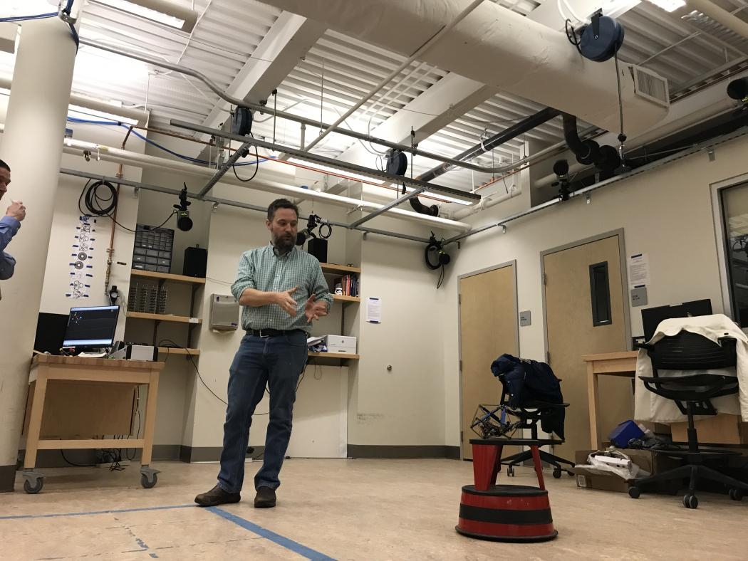 Using a student-designed robot, John Rieffel, associate professor of computer science, demonstrates how a new high-speed, high precision 3D motion capture system will transform research at Union.