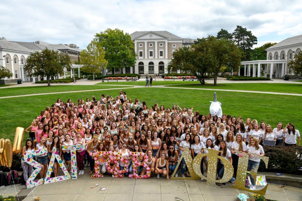 Photo of three Panhellenic Sororities on Bid Day