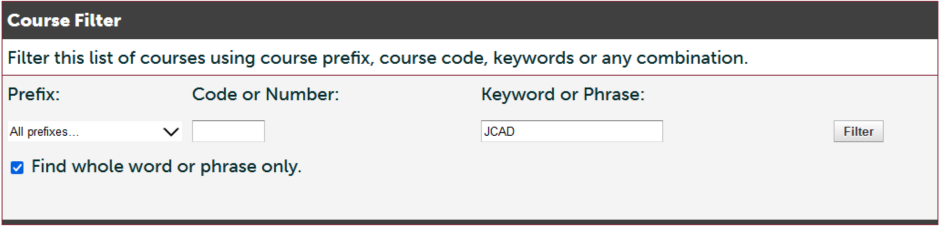 Screenshot of the Academic Catalog search interface.