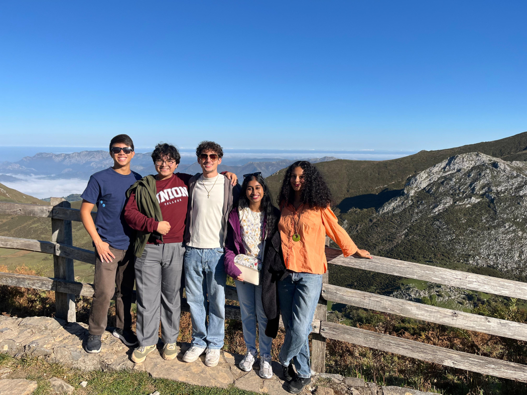 Pictured are the Lagos de Covadonga, also known as the Lakes of Covadonga. From left to right: Winston Lee '27 (LIM), Erik Garate '27, Alejandro Castillo '27, Aleena Kuriakose '27 (LIM), Yveliz Tilson '27"