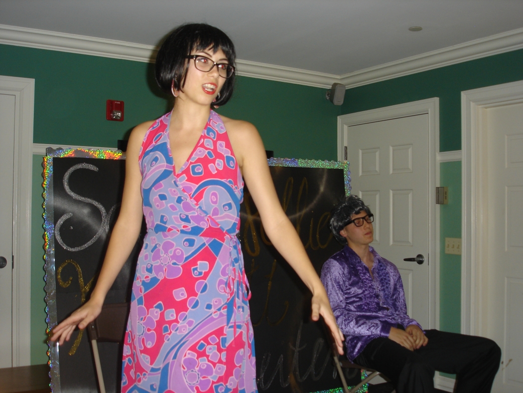 Photo of two students performing in German in Kabarett Revue.