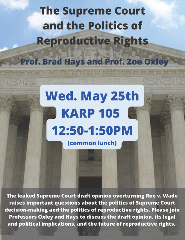 The Supreme Court and The Politics of Reproductive Rights Wed. May 25th Karp 105 12:50-1:50PM