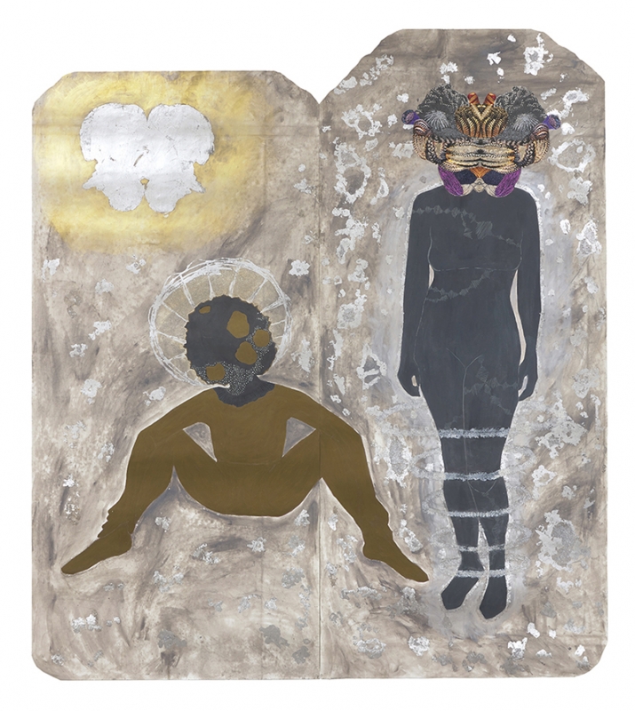 Alisa Sikelianos-Carter, Afronauts and Ancestors, 2017, acrylic, ink, gouache, micaceous iron oxide, silver foil, glitter, white coarse mica, abalone shell, and collage on paper, 93 x 84 inches, © Alisa Sikelianos-Carter