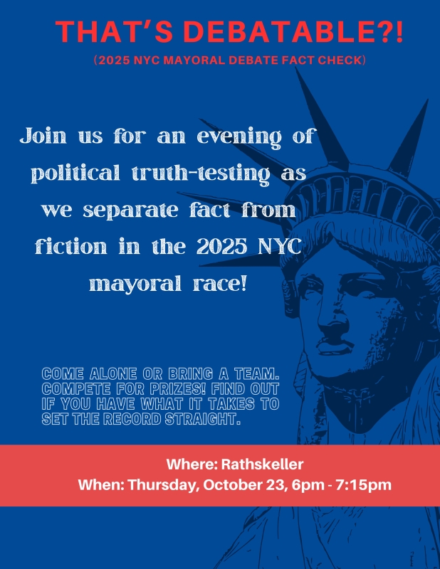 Flyer with blue background with Statue of Liberty and event description