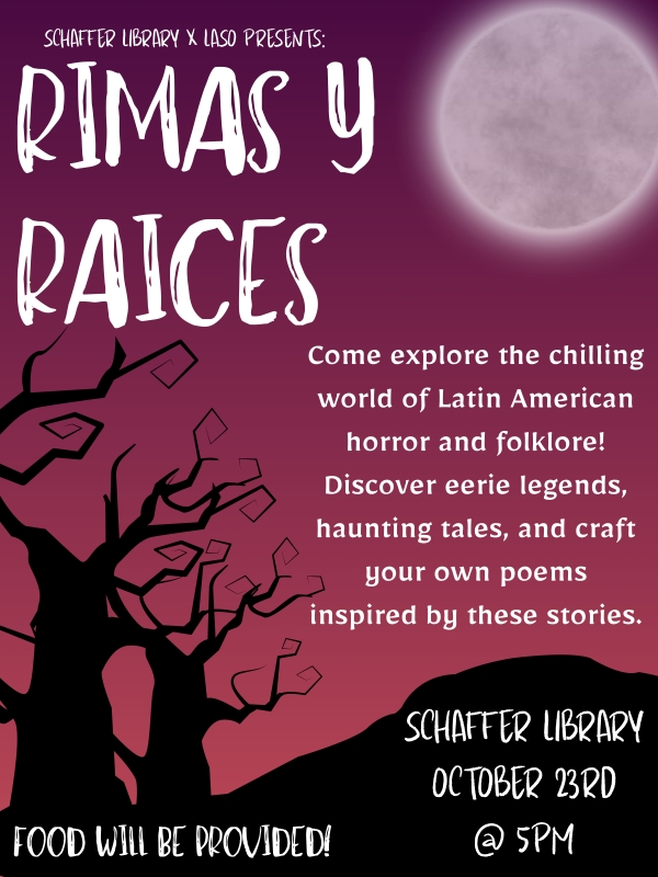 Poster with haunted trees on a eerie purple background with hills and a moon