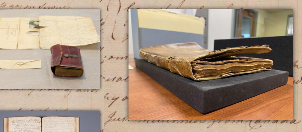 A composite of three artifacts from the Revolutionary War, held in Special Collections