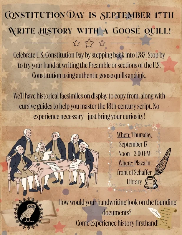 Flyer displaying Constitution Day text themed around historical images and the U.S. flag.