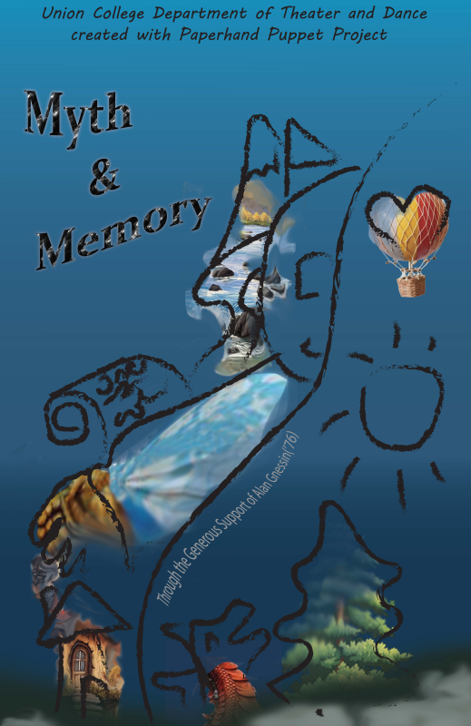 A gradient blue background with black line drawing and faded images reading Myth and Memory