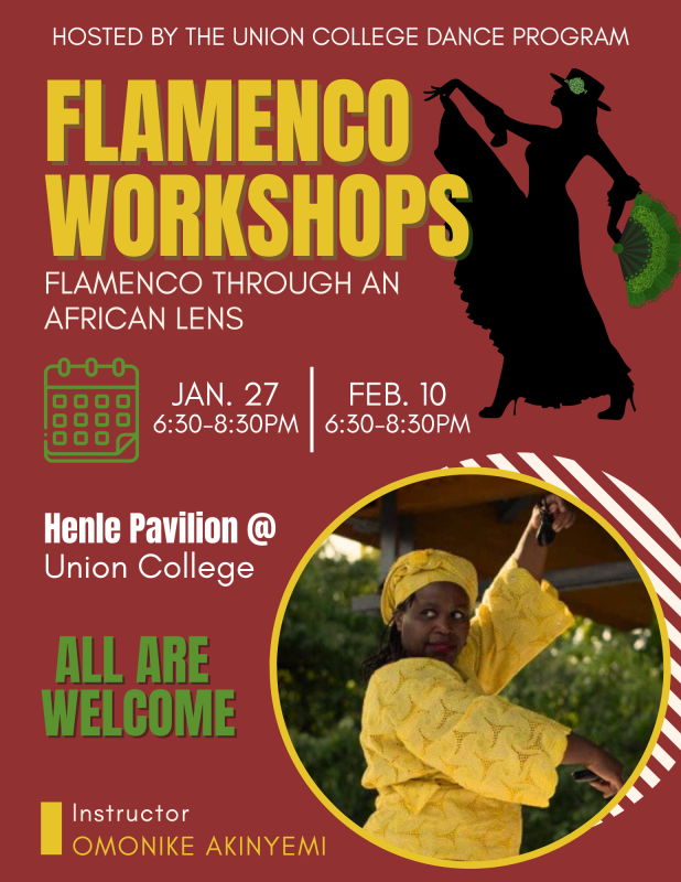 silhouette of flamenco dancer and image of dancer in yellow dress with writing saying Flamenco Workshops