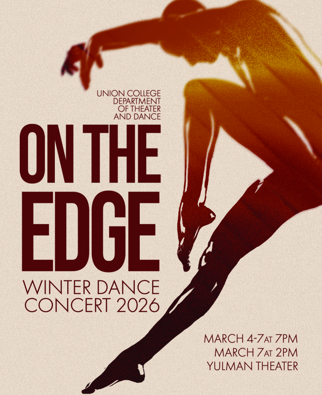 title of performance "on the edge" with a moving figure in silhouette balanced on one foot 