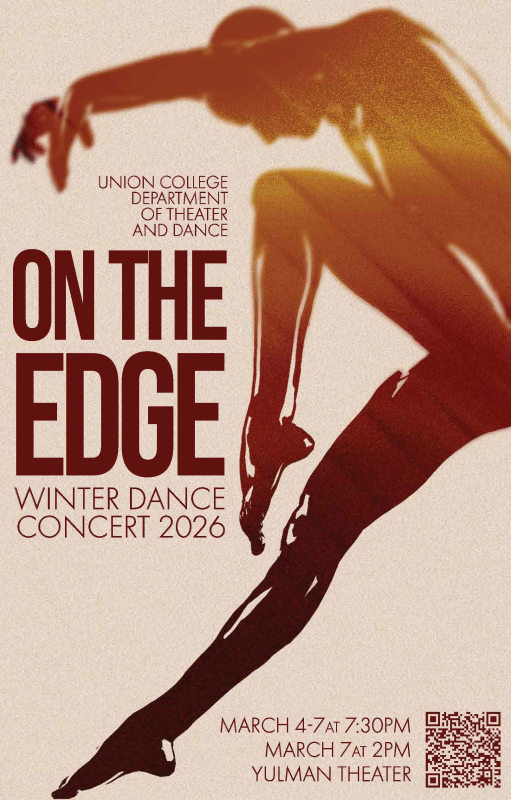 title of performance "on the edge" with a moving figure in silhouette balanced on one foot 
