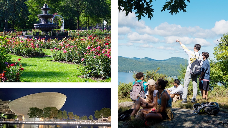 Scenes showing various places to visit in Upstate New York including Albany, the Adirondack Mountains and a lake.