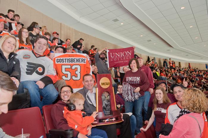 Union men's hockey coach Rick Bennett and dozens of Union alumni attended a recent game to cheer on Gostisbehere.