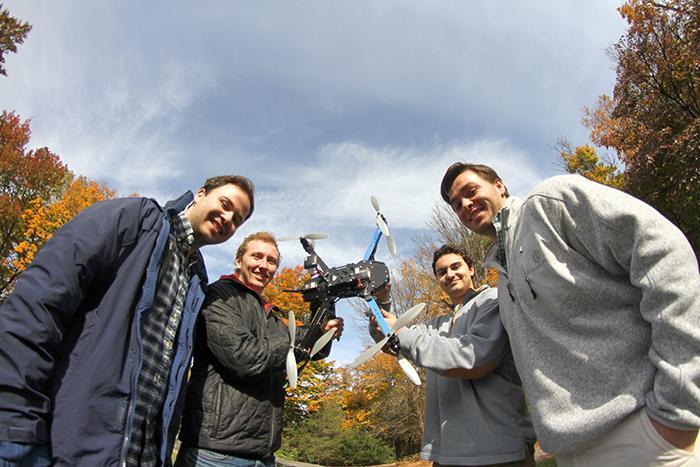 Mechanical engineering students Steven Nadel and Spencer Fontein have teamed up with Ben Willis and Jake Concavage, economics students, on a project to design and market a drone that can wash windows of high-rises and other tall buildings. (Photos by Matt Milless)