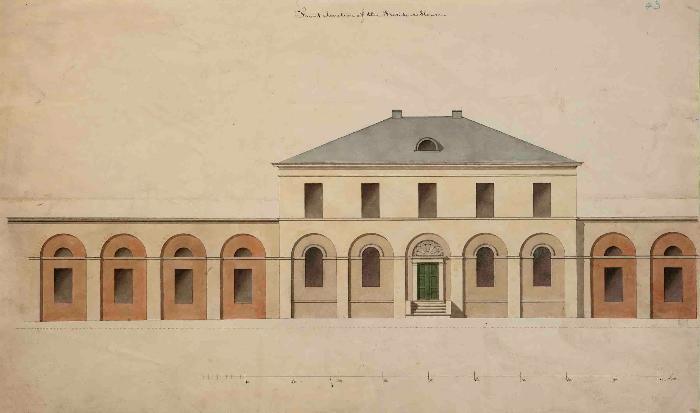Joseph Ramée, President’s House, Elevation drawing of façade, Pearson #43, Black ink and transparent watercolor over faint graphite, 13 1/4 x 22 3/8 inches, Special Collections, Schaffer Library, Union College