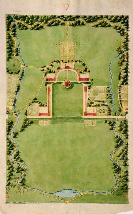 Joseph Ramée, Site plan of buildings and surrounding landscape, Pearson #27, ink and transparent watercolor, 17 1/2 x 11 inches, Special Collections, Schaffer Library, Union College