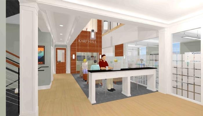 An artist's rendering of the lobby at Karp Hall.