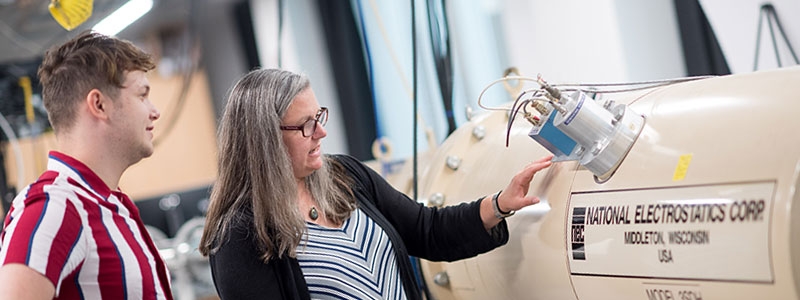 The Pelletron accelerator, an indispensable tool for physics research at Union, generates static electric fields to accelerate particles.