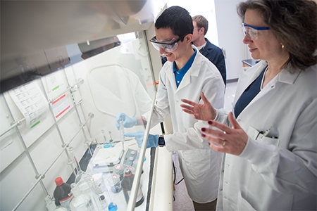 Mary Carroll ’86, the Dwane W. Crichton Professor of Chemistry in the aerogel lab with a student.