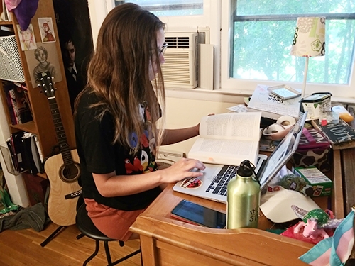 Mia Villeneuve '22 works on her summer research project from her home in Croton-On-Hudson, N.Y. The COVID-19 pandemic forced all student summer research online.