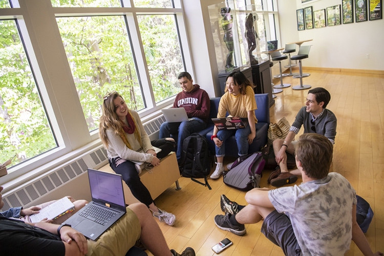 A gathering of students at the Henle Pavilion