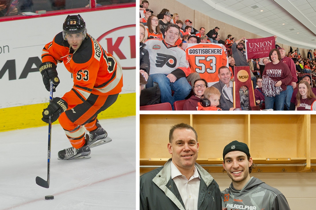 Rick Bennett, right, head coach of men's ice hockey, meets Shane Gostibehere '15 after a Flyers win