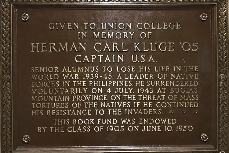 At their 45th ReUnion, Kluge's classmates dedicated this plaque in his honor. It hangs on the third floor of Schaffer Library.